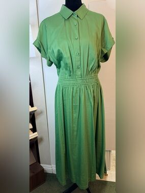 Ann Taylor Factory Retro Green Short Sleeve Smocked Waist Midi Shirt Dress L